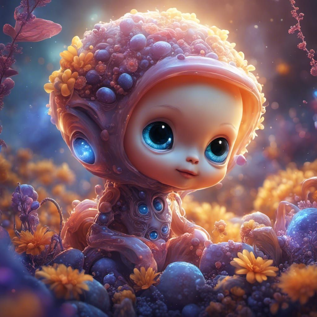 Cute Baby Aliens in Alcohol Ink Splatter Style