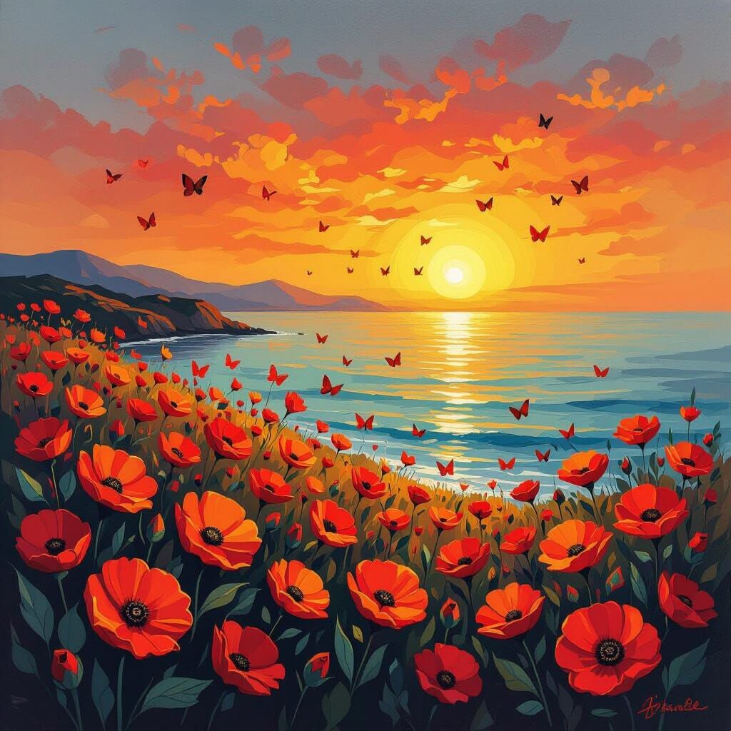 Vibrant Red Sky Over Orange Flowers at Sunset with Red Butte...