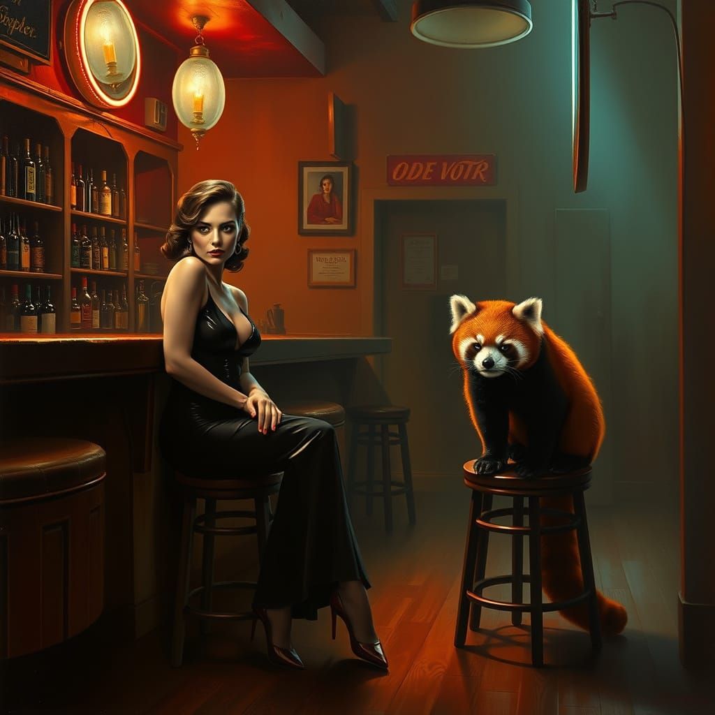 Woman and Red Panda in Dimly Lit Bar