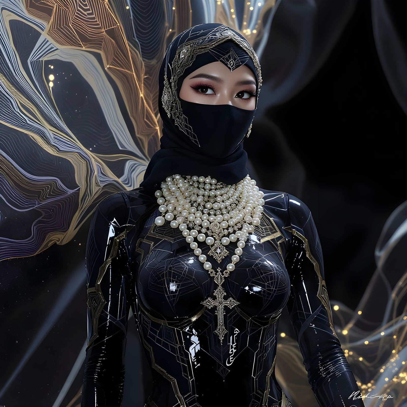 Futuristic Asian Woman in Hijab with Pearl Niqab