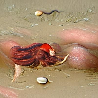 Red-Haired Woman Emerges from Clam Shell on Beach