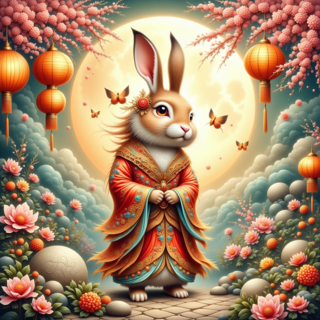 Moon Rabbit in Papercut Style Garden Scene