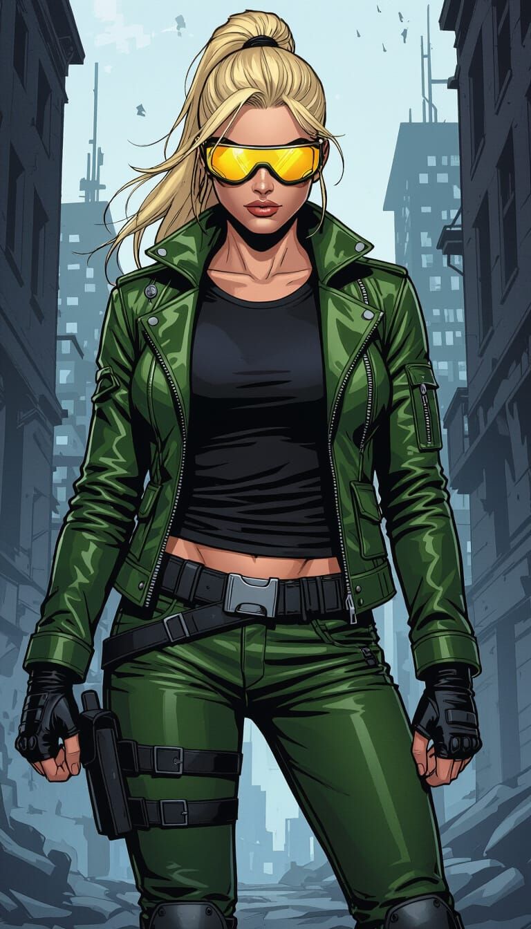 Female Action Hero in Graphic Novel Style, City Background
