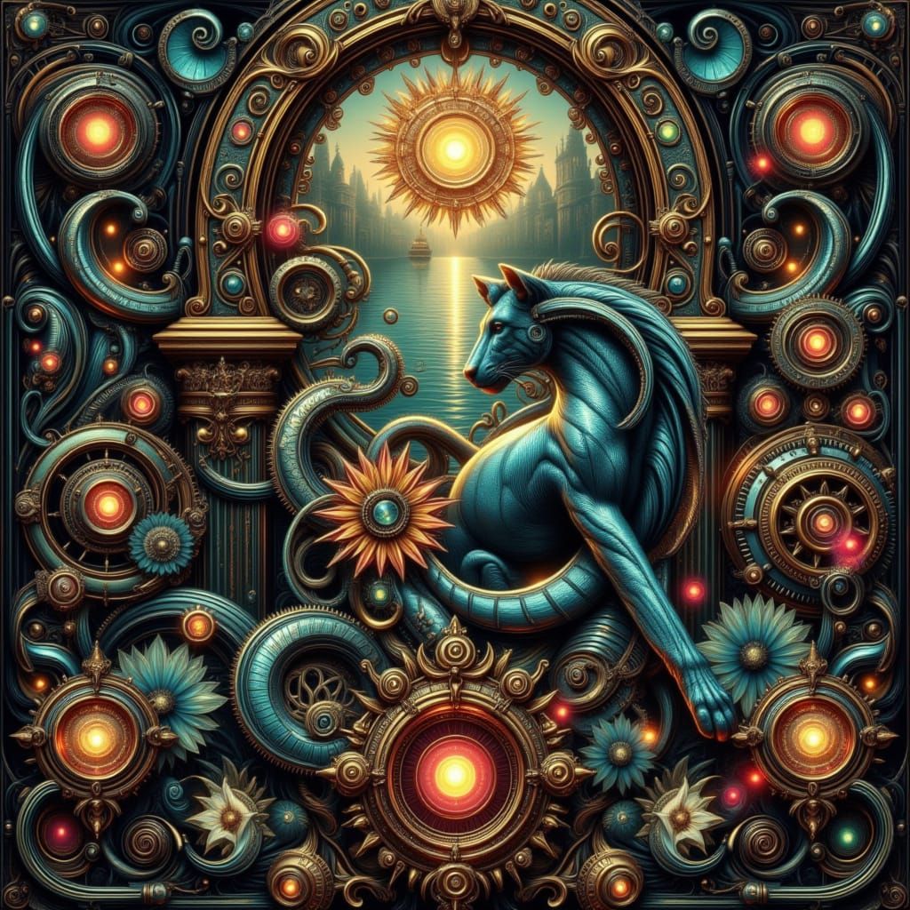 Modern Renaissance Masterpiece in Neon Art Nouveau Style