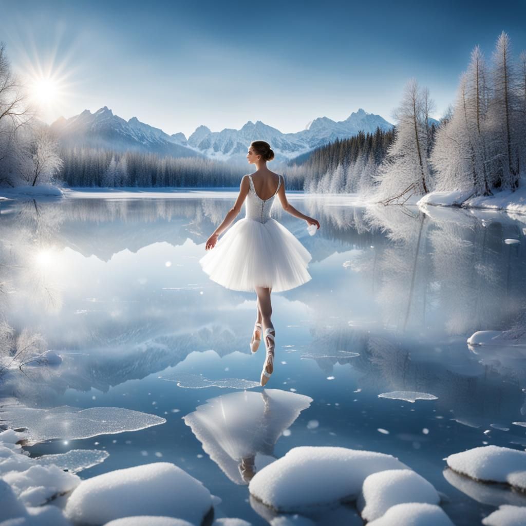Ballerina Dancing on Frozen Crystal Lake