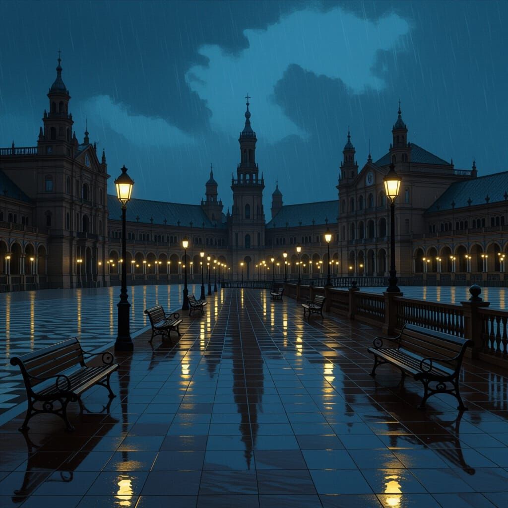 Seville's Plaza de España in Rainy Cyberpunk Style