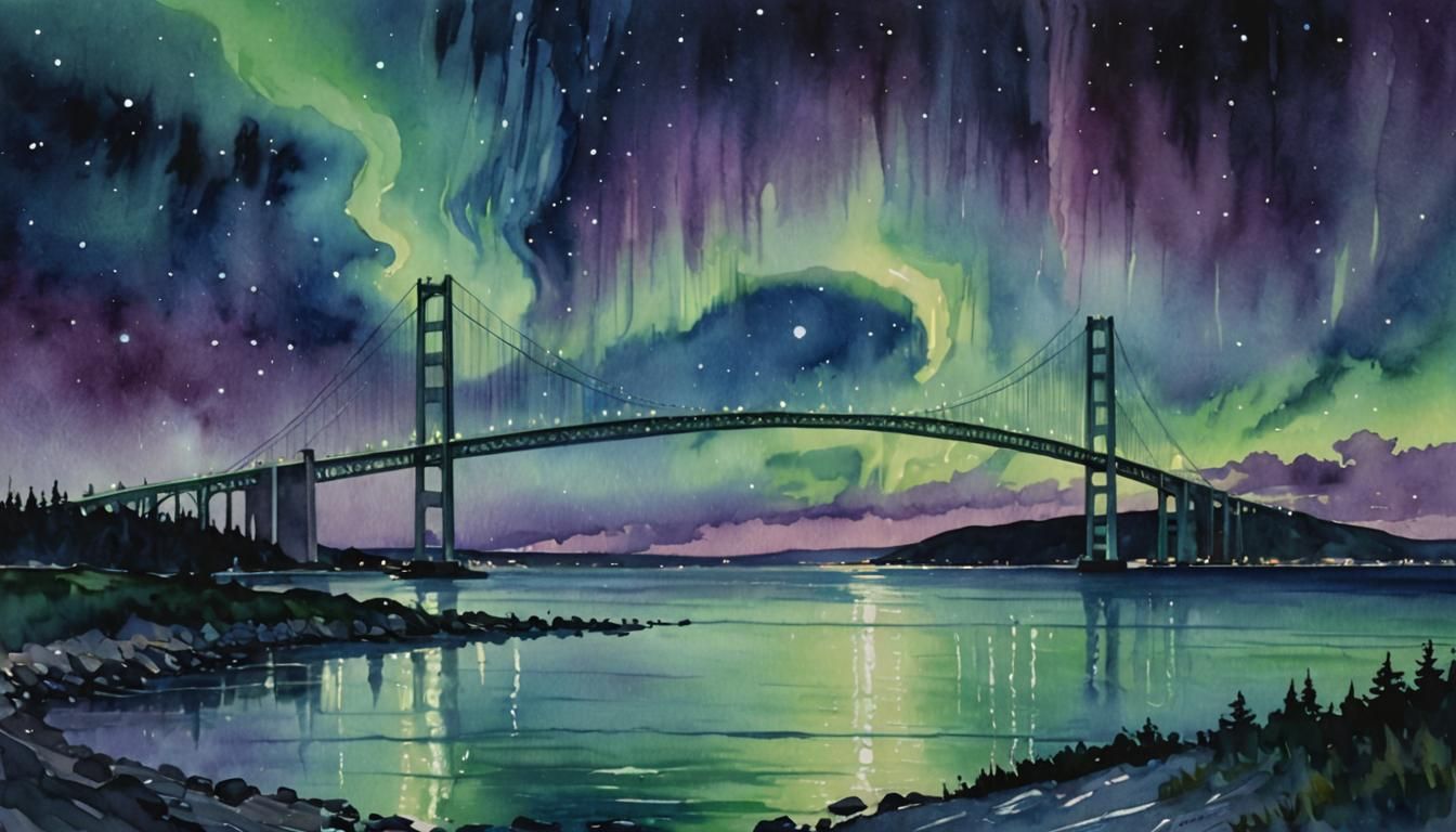 Mackinac Bridge at Night: Dreamy Watercolor Oil Painting