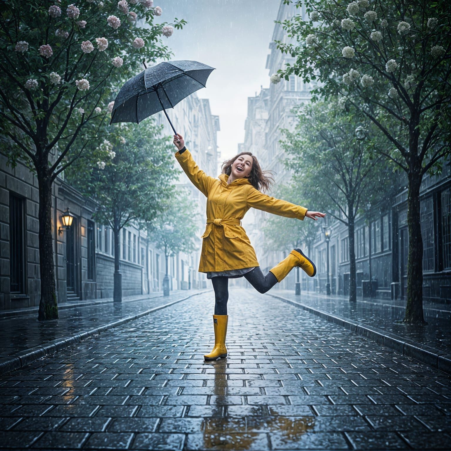 Girl Dancing in Summer Rain, Detailed Matte Painting