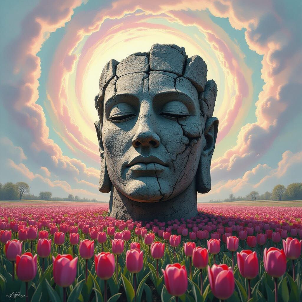 Colossal Stone Head Amidst Tulips in Surreal Sky