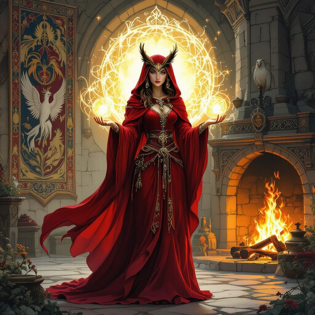Mystical Owl Sorceress in Ancient Castle, Fantasy Art