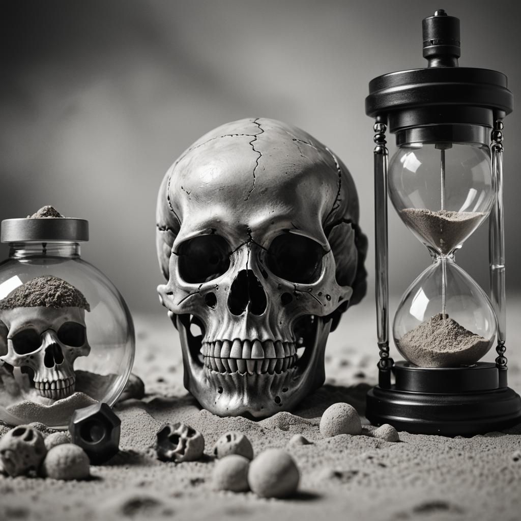 Dramatic Skull and Timer in Black and White