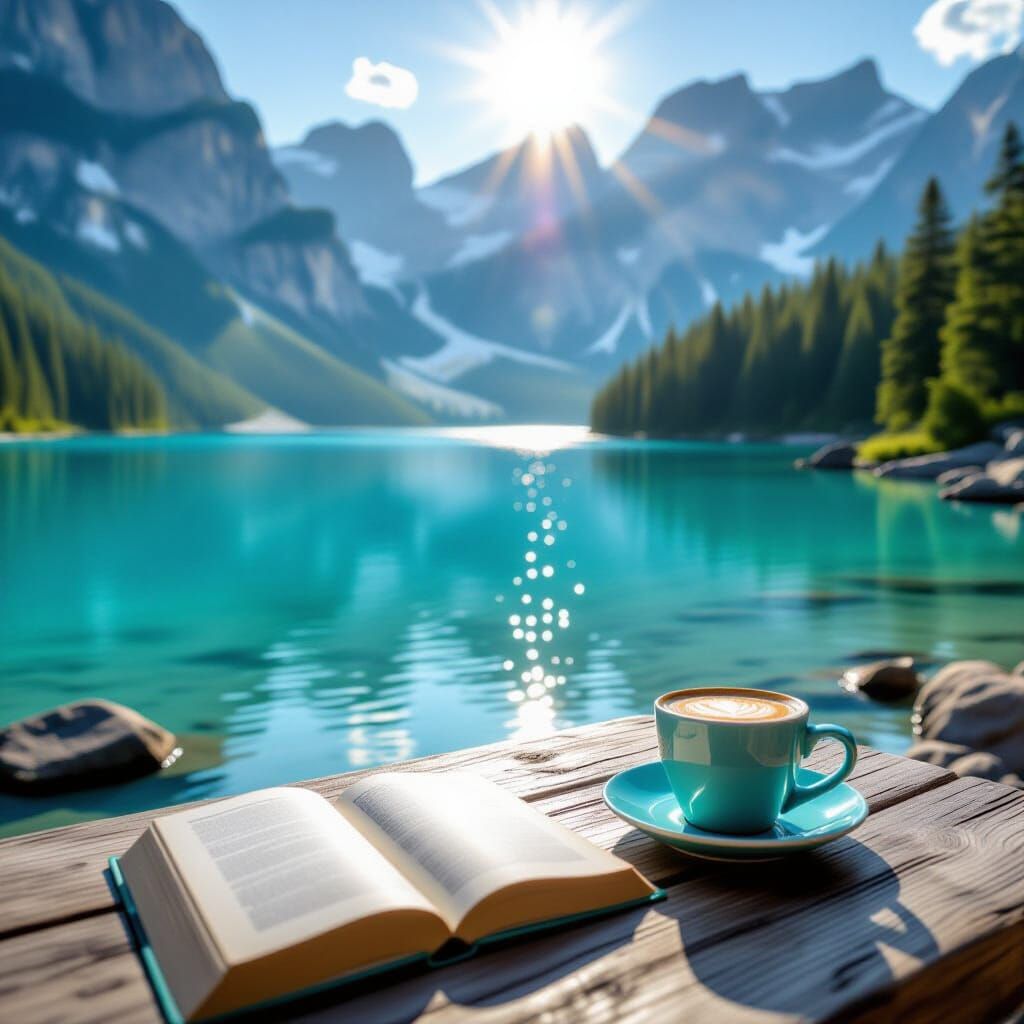 Turquoise Lake Waterfall Scene in Summer Sunlight