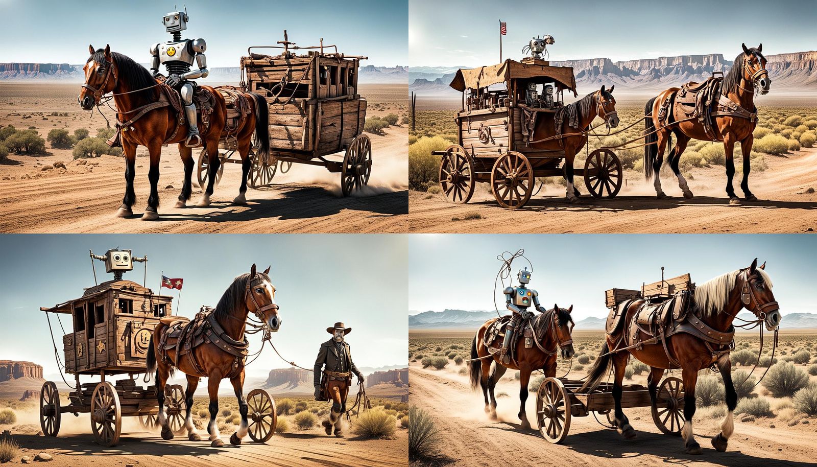 Comical Robot Rides Horse in Western Landscape