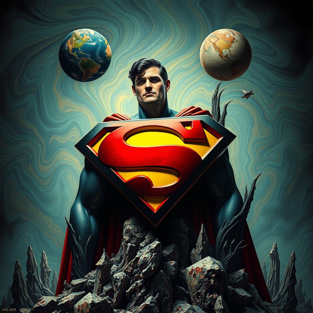 Surrealist Superman Symbol in Vibrant, Distorted Dreamscape