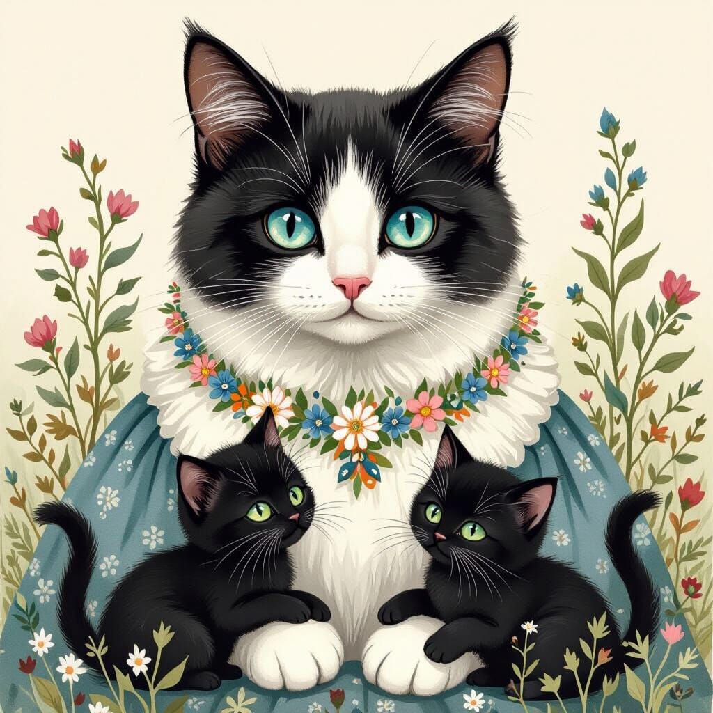 Siamese Cat and Kittens Playing: Watercolor Style