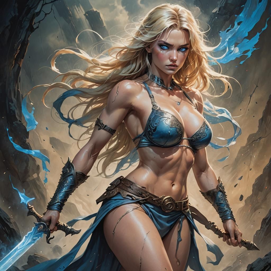 Fantasy Warrior Woman in Frazetta-Amano-Inspired Style