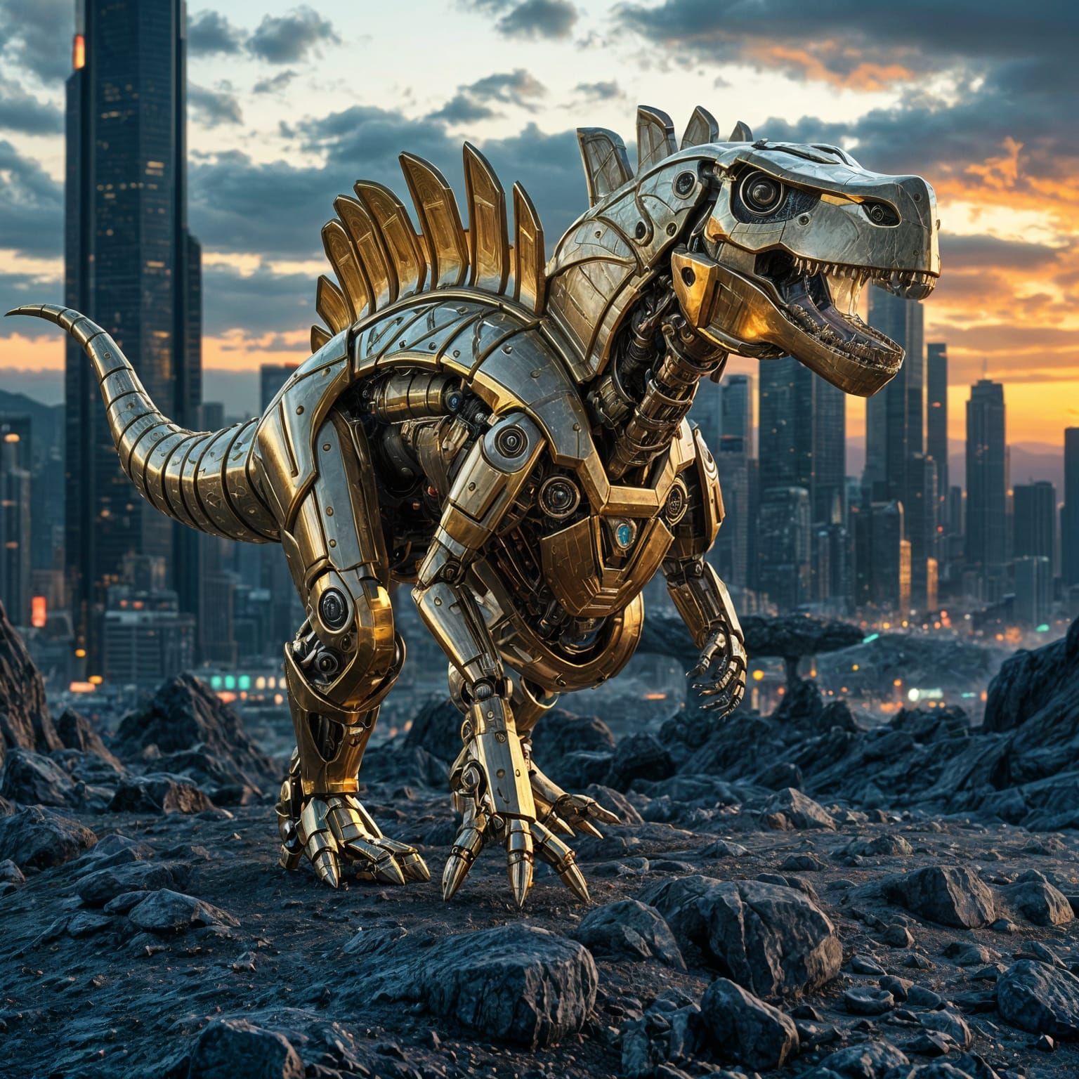 Golden Robot Dinosaur in Dystopian Cityscape
