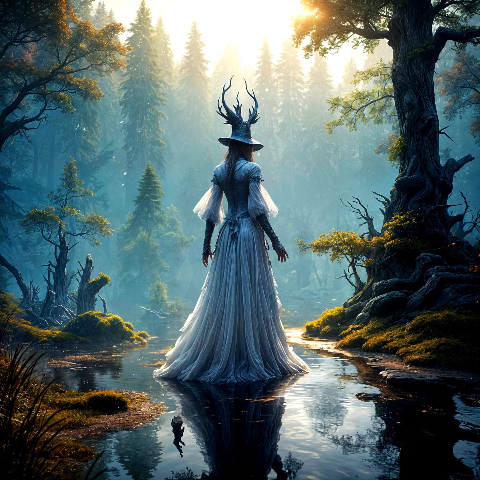 Ethereal Witch Dance in Misty Forest, Dark Fantasy Art