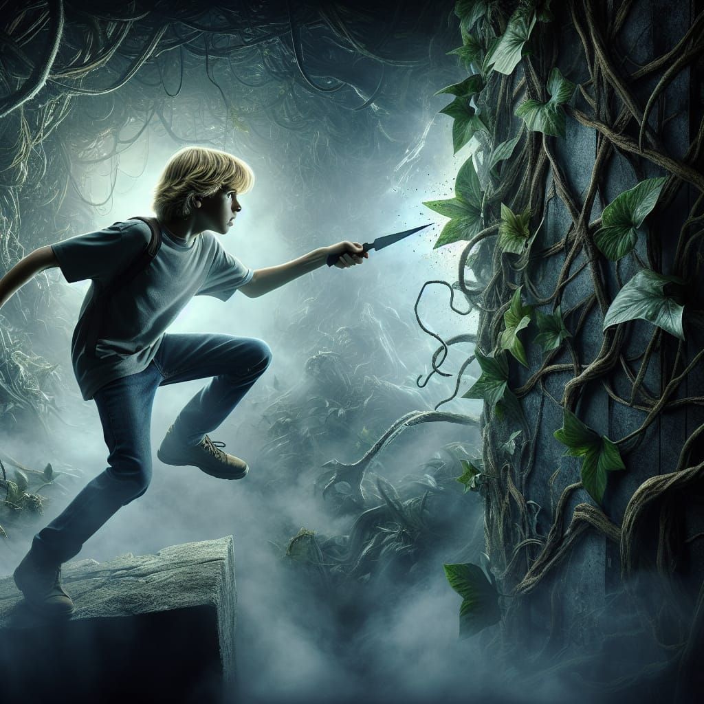 Daring Boy Battles Menacing Vine Monster in Sci-Fi Landscape