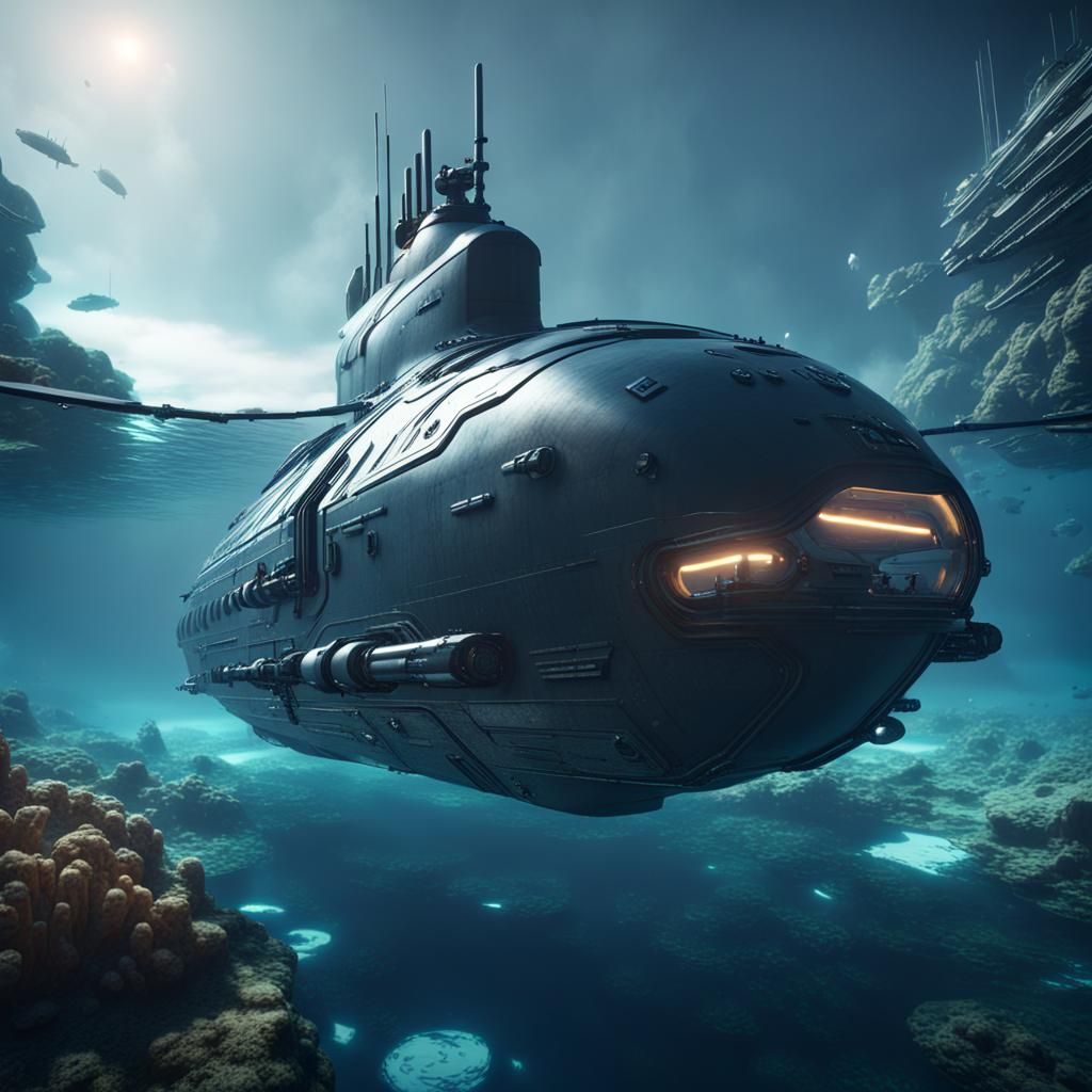 Futuristic Submarine in Deep Water: 3D Game Art