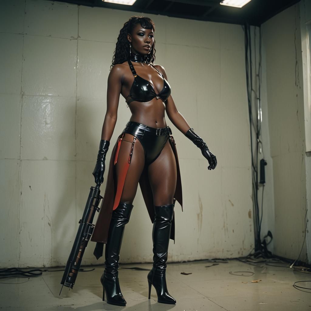 Fatima diame, latex bikini, high heel boots