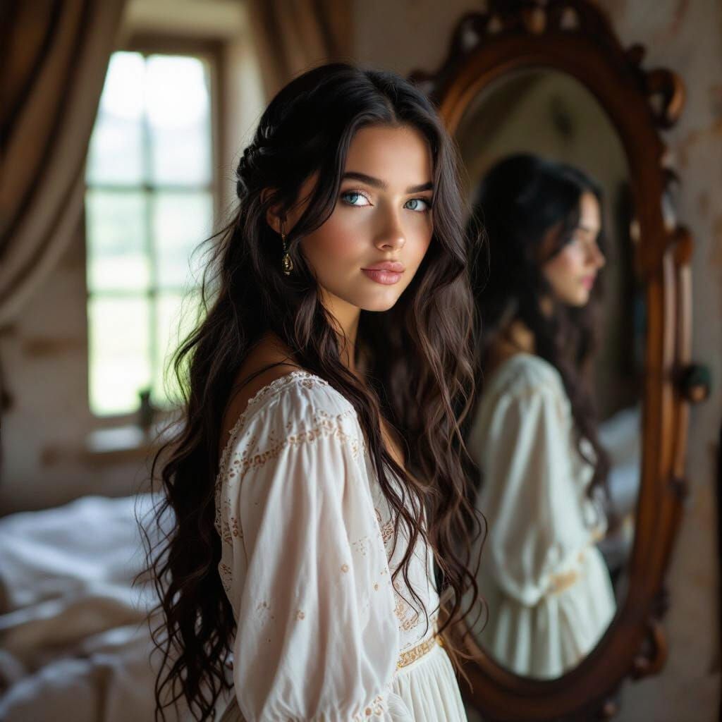 Medieval Woman Admiring Herself, in Art Nouveau Style