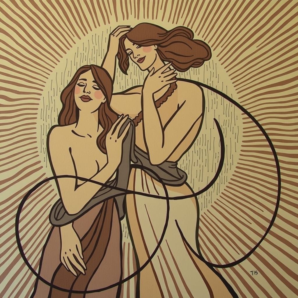 Embracing Women: Geometric Woodcut in Brown and Ivory