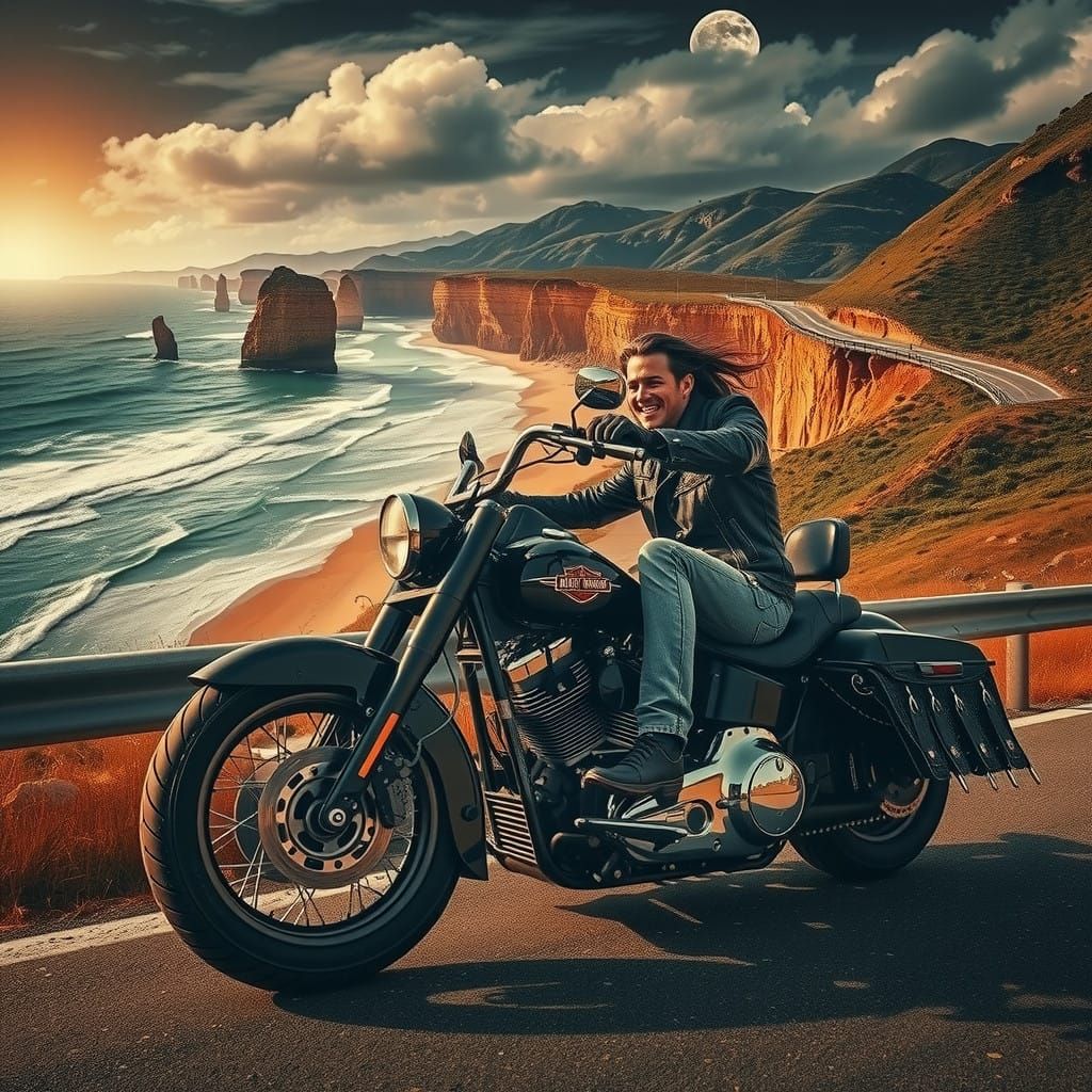 Riding into the Night: A Moody Coastal Highway Scene