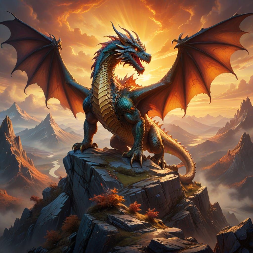 Dragon on Mountain in Vibrant Oil Painting