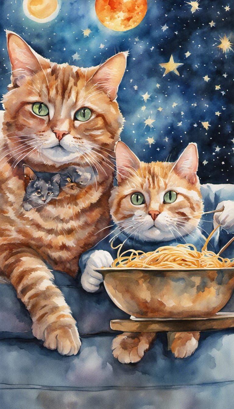 Cats Eating Spaghetti in Watercolor Galaxy