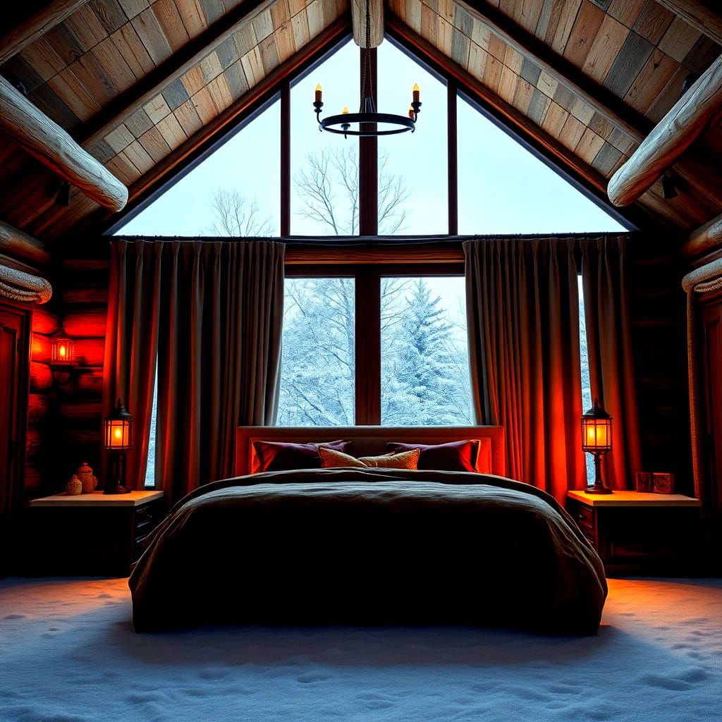 Rustic Log Cabin Master Bedroom with Winter View