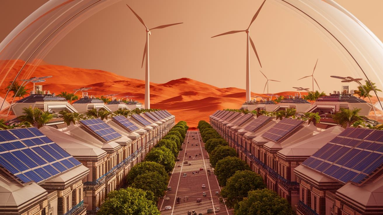 Martian City Under a Clear Dome in Vibrant Greenery and Sola...