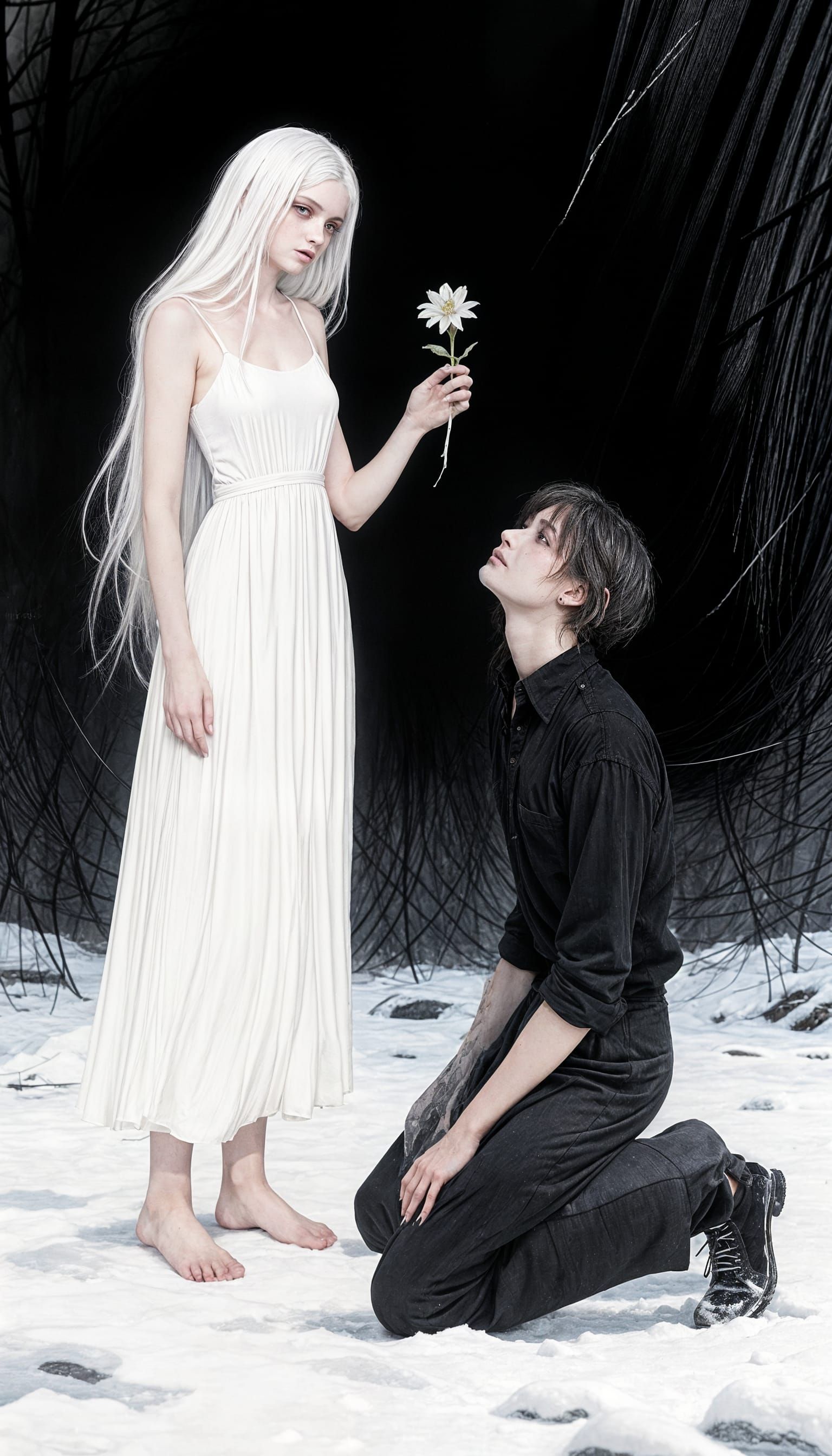 Grim Witch and Frozen Man in Chiaroscuro Ink Wash