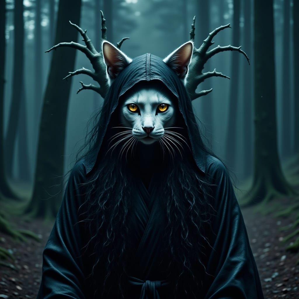 Grotesque Cat Ninja in Forest, H.R. Giger Style