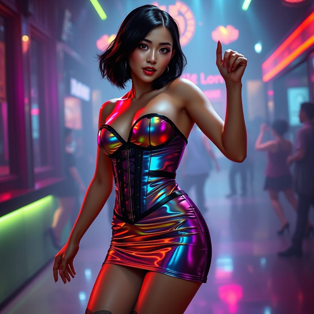 Ethereal Club Dancer in Iridescent Latex and Neon