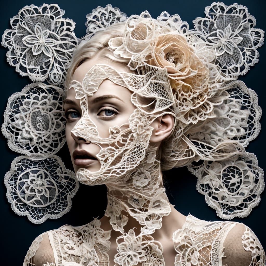 Surreal Lace Woman Woven Collage Art