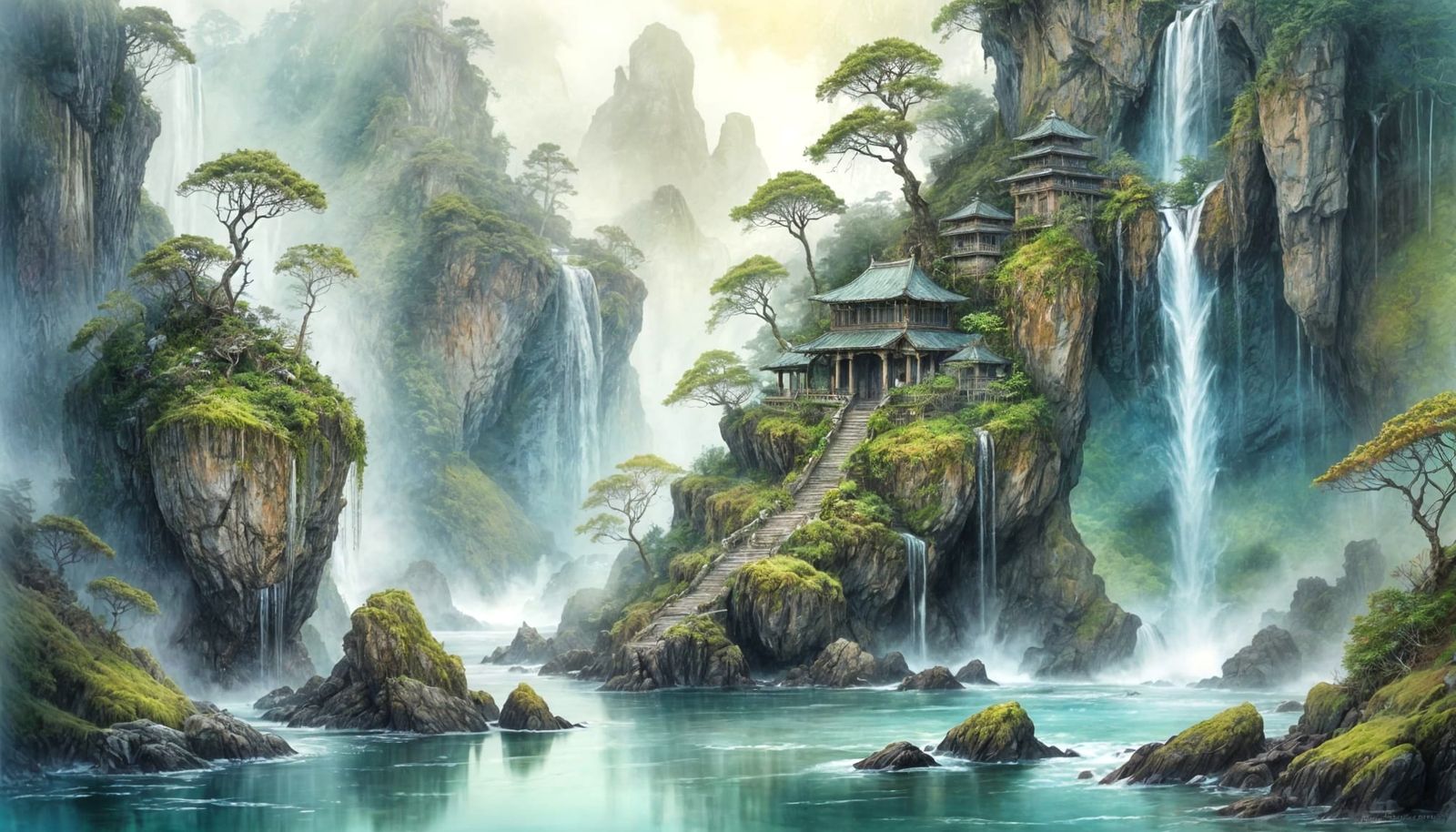 Zen Temple Overlooking Waterfalls in Coastal Bay