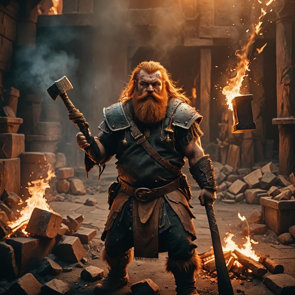 Dwarf Barbarian in Fiery Forge: Cinematic Film Still