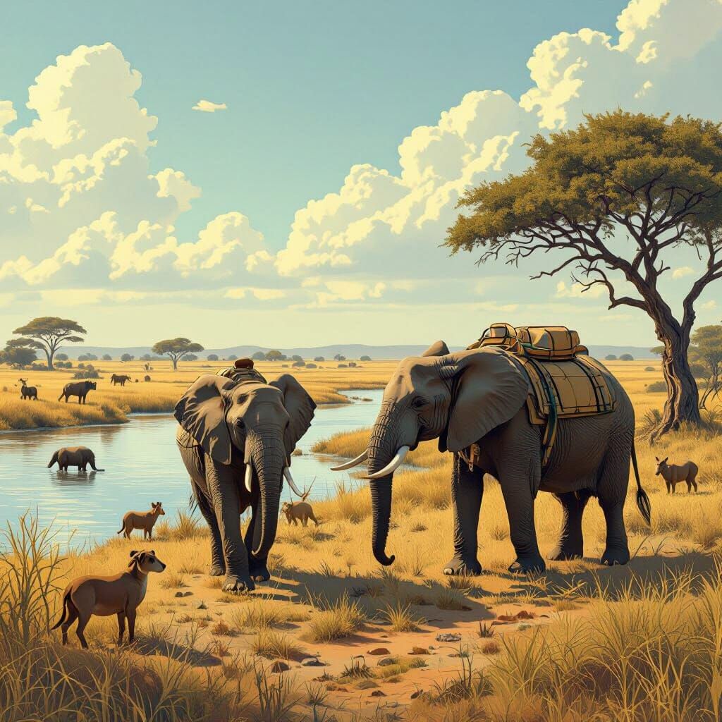 Elephants on Savanna in Sunlight, Digital Art