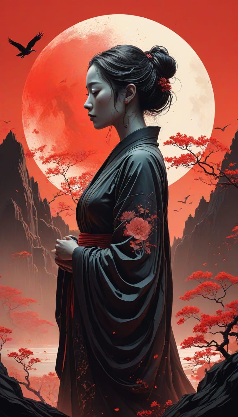 Ethereal Figure Illuminated by Calligraphy Moon in Ink Wash ...