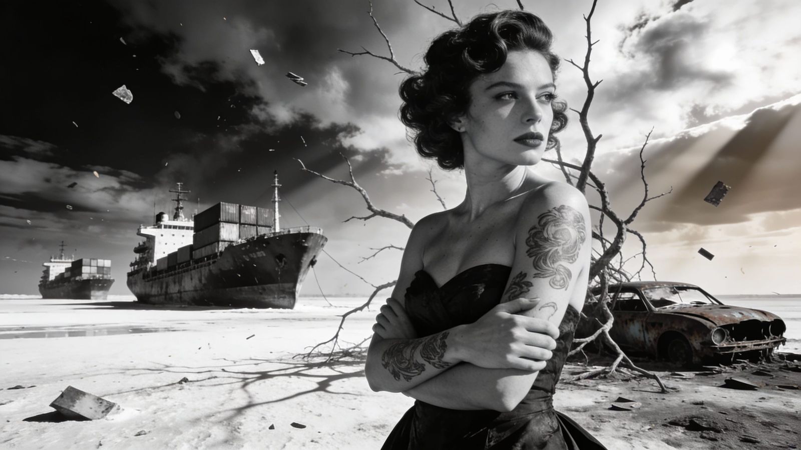Glamorous Woman in Post-Apocalyptic Landscape