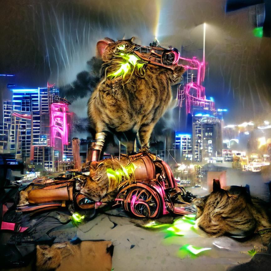Steampunk Tabby Cat Destroys Cyberpunk City