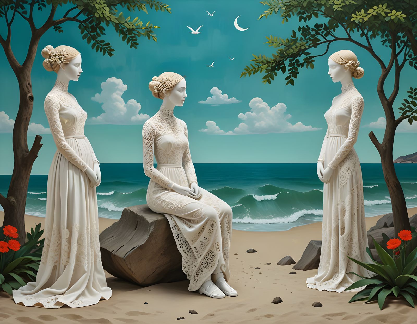 Ethereal Beach Scene with Delicate Lace Statues in Folk Art...
