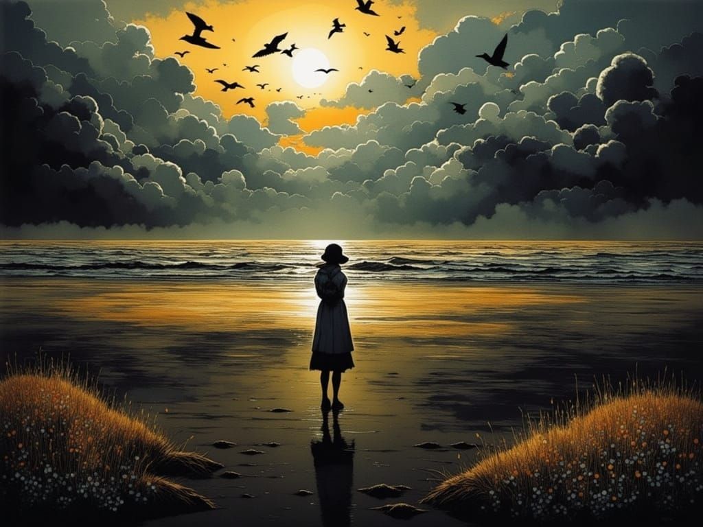 Sunset Beach Walker in Graphic Novel Style