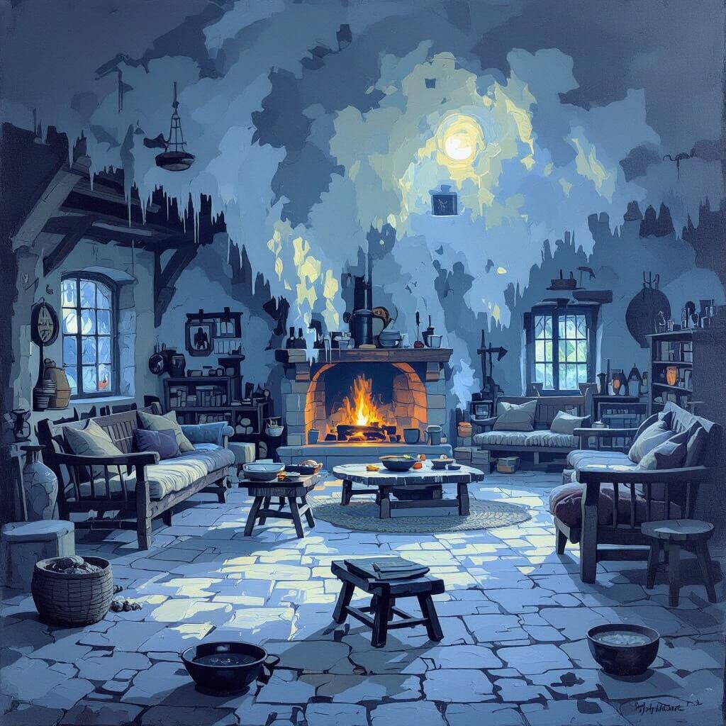 Cozy Medieval Living Room with Fireplace and Food