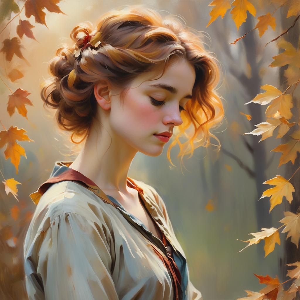 Woman with Autumn Leaf Hair in Impressionist Style