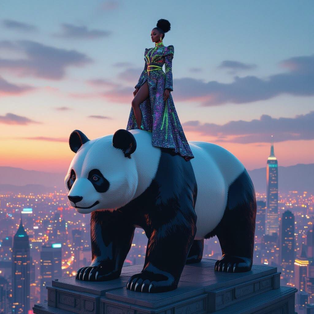 Fashion Influencer on Panda Statue in Futuristic City