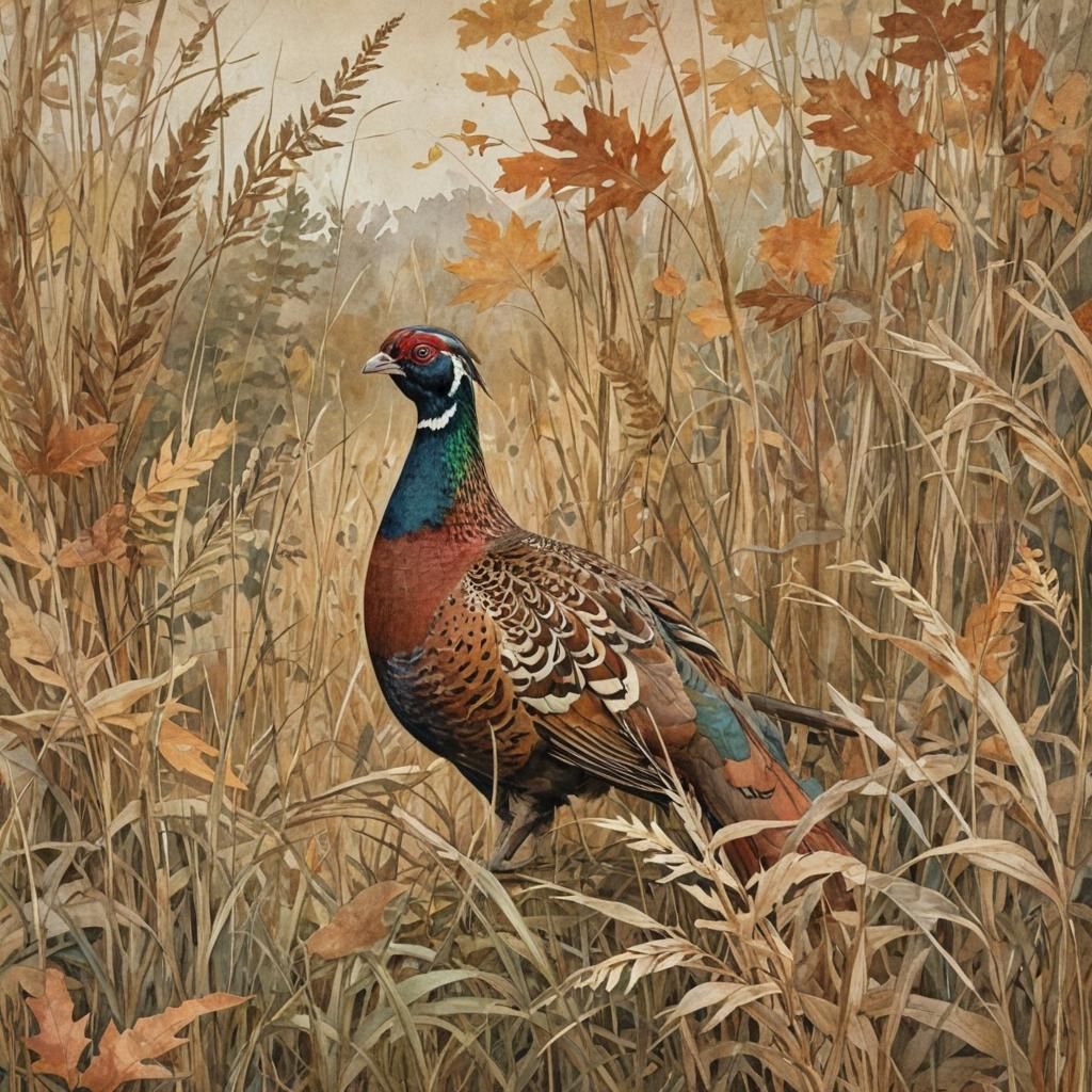 Pheasant in Autumnal Paper Collage Landscape