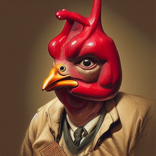 Chicken-Headed Farmer Harvesting Cranberries: Postmodern Ant...