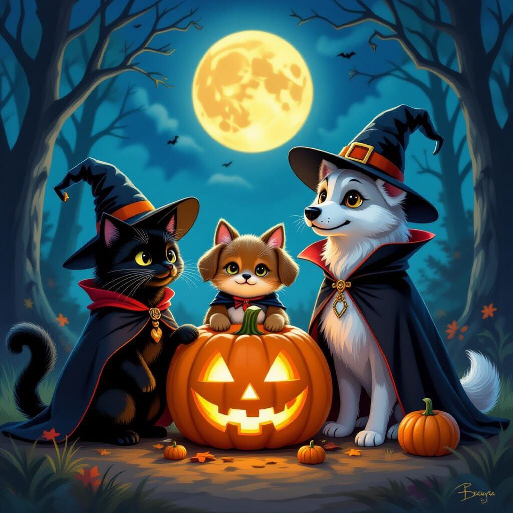 Forest Animals in Halloween Costumes with Jack-o'-lantern